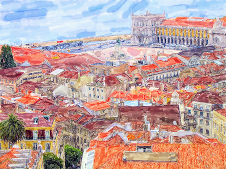 Aeria view over Lisbon capital of Portugal. Water color illustration. Town part calls Baixa and Commerce Square.の写真素材