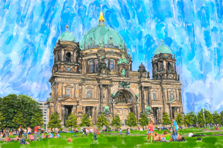 Watercolor illustration of  Berlin Cathedral. People resting at  meadow. berlin cathedral in background.の写真素材