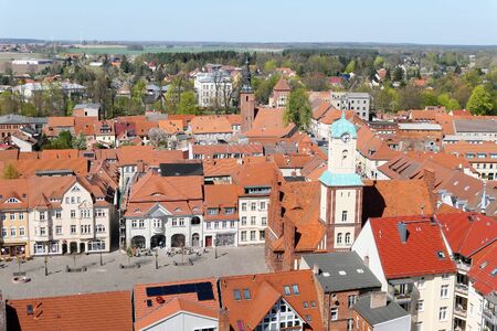 Wittstock, Brandenburg / GERMANY 21 April 2019: cityscape of town Wittstock in Germany. Aerial view over the city with its small stores and people walking through the streets. Springtime.のeditorial素材