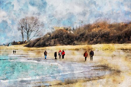 Digital illustration of beach landscape at Darss peninsula in Mecklenburg-Vorpommern Germany. People walking along the beach. Water color.の写真素材