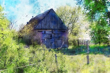 Watercolor painting of old barn at Havelland region in Germany. Springtime. fresh green on bush and tree.の写真素材