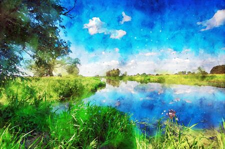 Watercolor painting of havel river landscape in summer time. willow tree on shore and clouds in sky.の写真素材