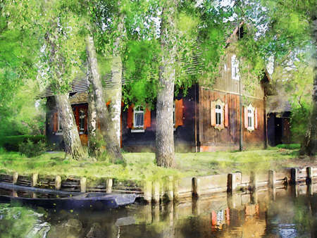 Digital watercolor illustration of Spreewald forest in Brandenburg Germany. Traditional wooden house in village Lehde.の写真素材