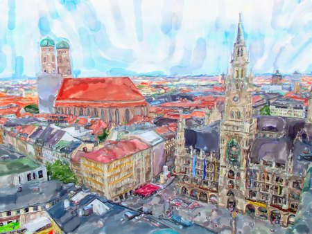 Watercolor illustration of Marienplatz in Munich cityscape. Aerial viewの写真素材