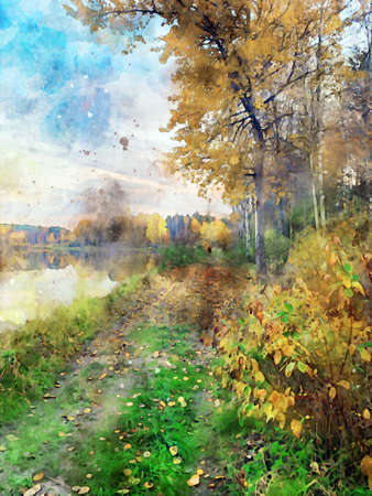 Watercolor illustration of autumn landscape on a lake with forest and reed.の写真素材