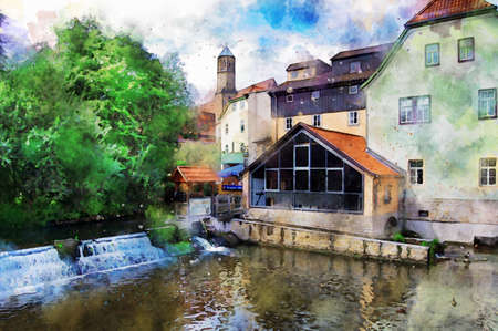 Watercolor painting of Erfurt and its new mill on city.の写真素材