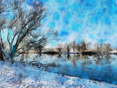 Snowy winter landscape on the Havel River in Havelland. Watercolor paintingの写真素材
