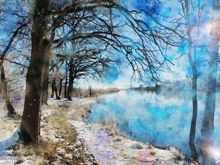 Snowy winter landscape on the Havel River in Havelland. Watercolor paintingの写真素材