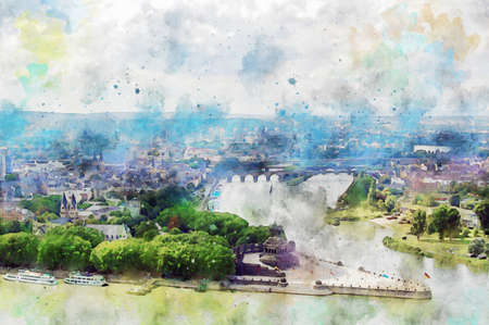 Watercolor painting of Rhine gorge in Germany. Deutsches Eck place in Koblenz, Mosel river and Rhine.の写真素材