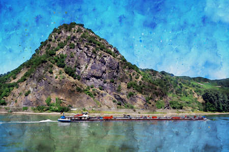 Watercolor painting of Lorelei rock at Rhine gorge in Germany.
