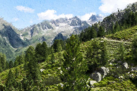 Oil painting illustration of Austrian Alps. Mountain forest with hiking path in Tirol.の写真素材