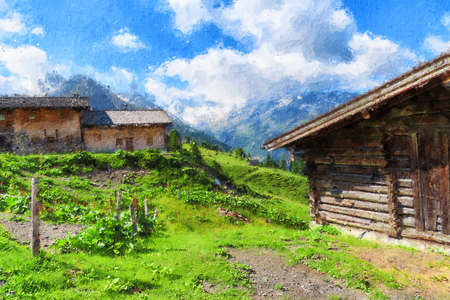 Oil painting canvas of austrian tirol Farmland in high Tauern mountain range.のeditorial素材