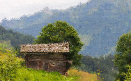 Oil painting illustration of Austrian Alps.Traditional barn in Tirol alps. Zillertalのeditorial素材