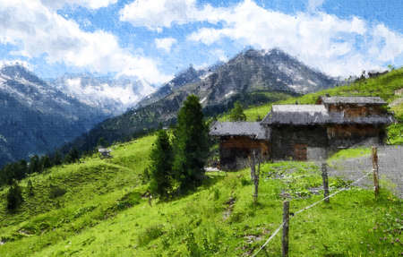 Oil painting illustration of Austrian Alps.Traditional barn in Tirol alps. Zillertalのeditorial素材