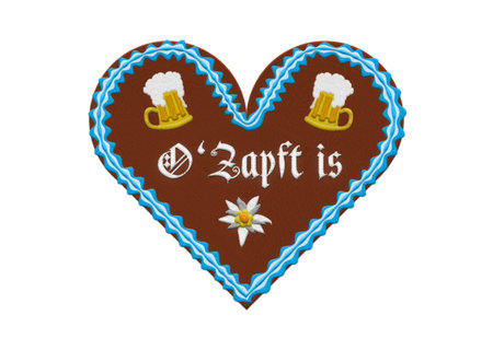 Embroidered Oktoberfest gingerbread heart with beer mug and edelweiss flower. german word o zapft is means the beer keg is tapped.の写真素材