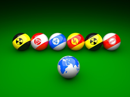 Billiard balls with danger signs and earth on a green backgroundの写真素材