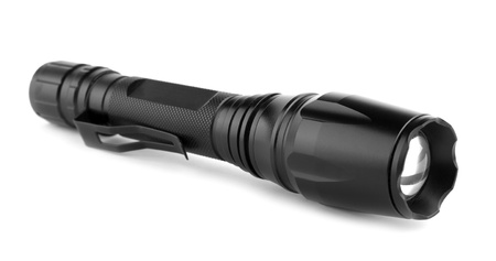 Aluminium black flashlight on a white backgroundの写真素材
