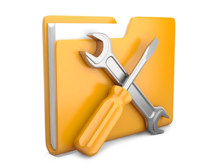 Yellow folder with wrench and screwdriver  Service tools icon 3d on whiteの写真素材