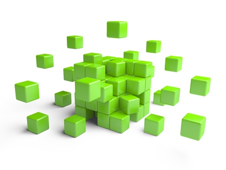 Cube assembling from blocks  3D Illustration isolated on white