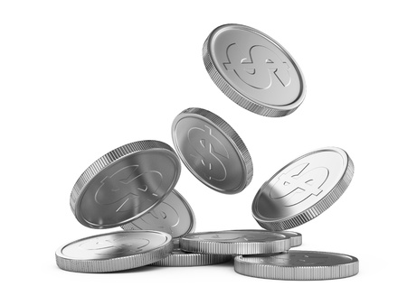 silver falling coins isolated on white backgroundの写真素材