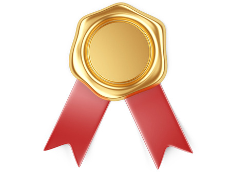 3d illustration Gold seal with red ribbonの写真素材