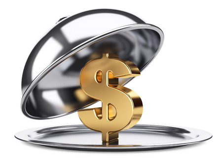 Restaurant cloche with gold dollar sign and open lid. 3d illustration isolated on a white backgroundの写真素材