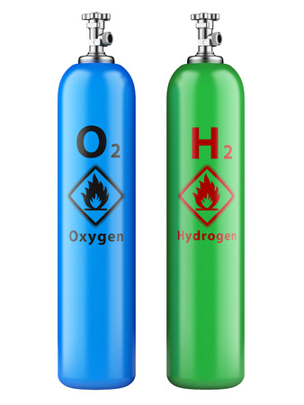 Hydrogen and oxygen cylinders with compressed gas isolated on a white backgroundの写真素材