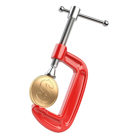 Money concept with clamp and coins isolated on a white backgroundの写真素材