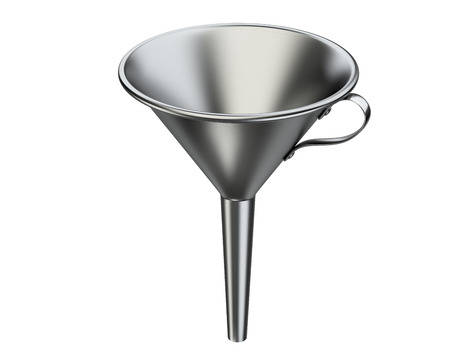 Laboratory metallic funnel. 3D illustration isolated on white backgroundの写真素材