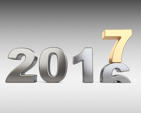 New Year 2016 - 2017, golden and silver number seven top. 3d illustration on a dark background.の写真素材