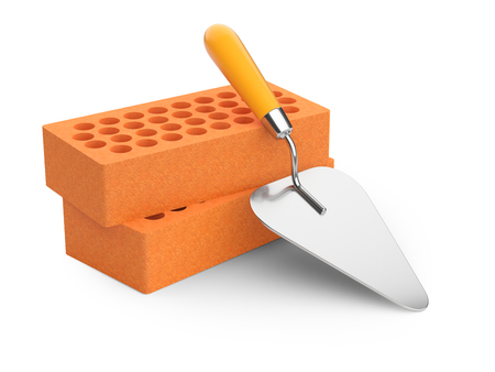 Bricks and trowel - isolated on white background. 3D illustration high resolution image.の写真素材