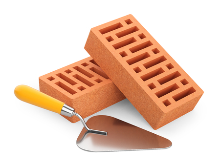 Bricks and trowel - isolated on white background. 3D illustration high resolution image.の写真素材