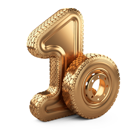 Number 1 from golden big car tire. First place in the competition of auto racing. Award for victory - winner concept. 3d Illustration over white background.の写真素材