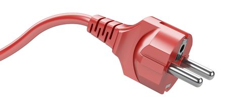 Red electric plug with cable close-up. Isolated on a white background 3d illustration. Power line...