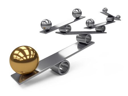 Balance between many large and smaal metalick spheres - concept image. 3d illustration on a white background.の写真素材