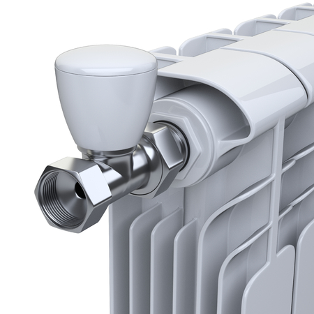 Aluminum heating radiator with flow valve with regulator for connection. Isolated on white background. 3d illustration.の写真素材