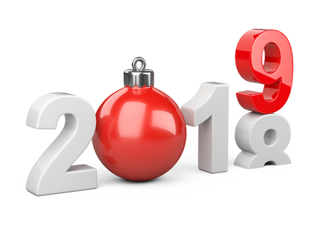 2018 2019 change concept. Represents the new year white and red symbol with Ñhristmas tree toy. 3D illustration isolated on white background.の写真素材