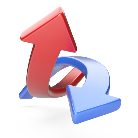 Intertwined red and blue arrows. 3d illustration isolated on a white background.の写真素材