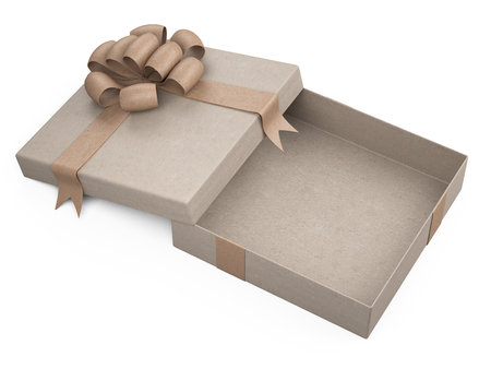 Gift box open with ribbon and bow wrapped in cardboard. 3d illustration isolated on a white background.の写真素材