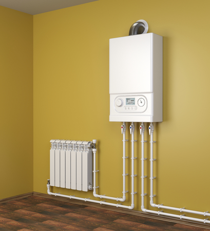 Gas boiler and heater radiator with pipelines on orange wall in house. Heating system. 3d illustration isolated over white background.の写真素材