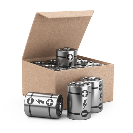 Battery cell inside a paper cardboard, several pieces lying near the box. 3d illustration isolated over white background.の写真素材