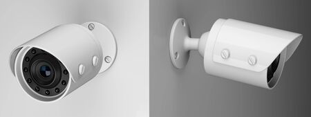 Two wireless security surveillance camera on the wall. 3d illustration isolated on a white...
