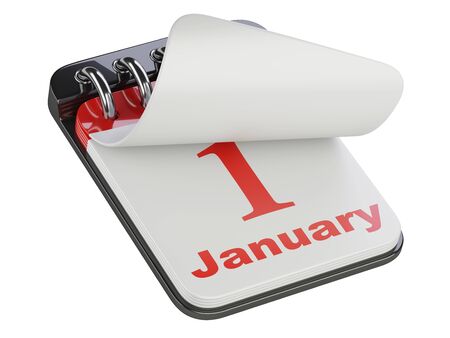 Desktop calendar  with flipped page new year first january.  3d illustration isolated on whte background.の写真素材