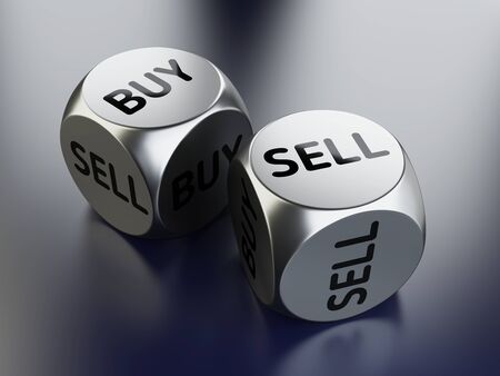 Buy or sell dices, investing and trading concept. 3D illustration on black background.の写真素材