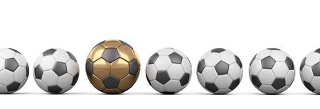 Soccer balls in a row, one of them is golden. Leadership concept, winner definition. 3d illustration isolated on a white background.の写真素材