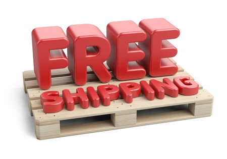 The inscription "Free Shipping" on a wooden pallet. 3D illustration isolated on a white.の写真素材
