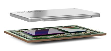 Processor green board with chip cpu and gpu and open cover heat distributor. 3d illustration...