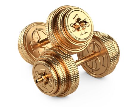 Gold dumbbells from coins, top view. Business and sport - financial concept. 3d illustration isolated over white background.の写真素材