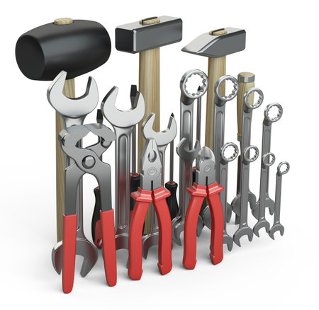 A set of your locksmith tools - ax, chisel, chisel, pliers, mallet, hammer, screwdriver, wrench, saw and wire cutters. 3d illustration isolated on a white background.の写真素材