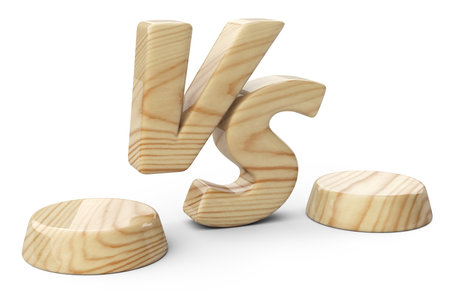 Inscription VS made of wood covered with two pedistals for opponents. 3d illustration isolated on a white backgriund.の写真素材